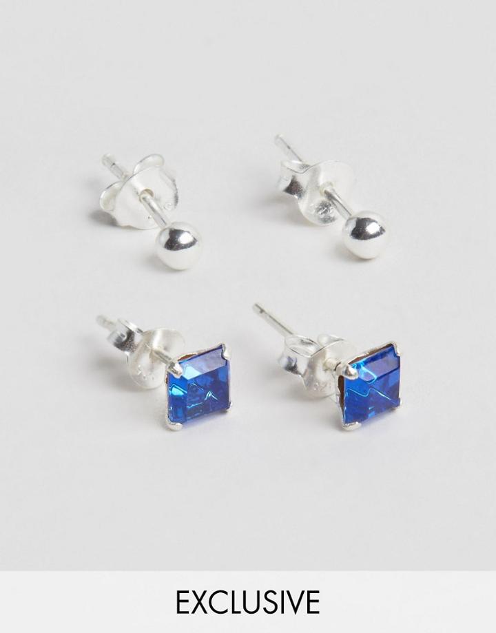 Reclaimed Vintage Silver & Blue Stone Stud Earrings In 2 Pack Sterling Silver - Silver