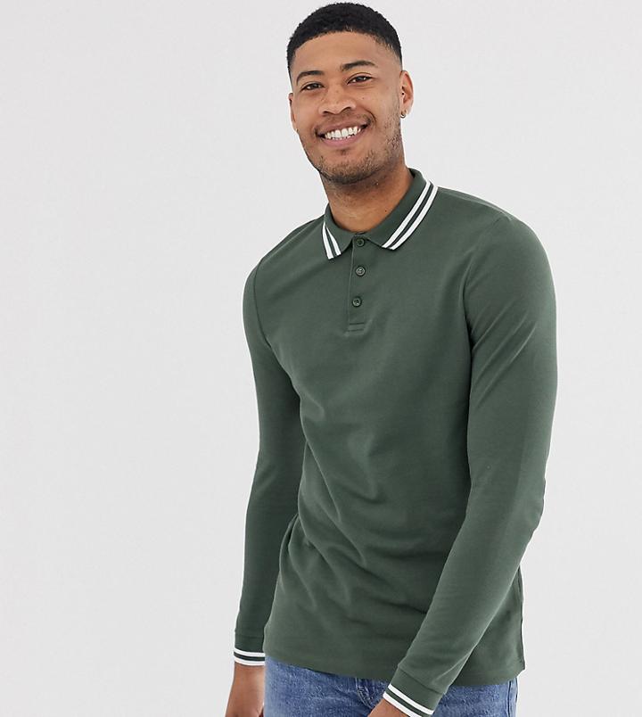 Asos Design Tall Long Sleeve Pique Polo Shirt With Tipping In Khaki - Green