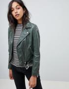 Lab Leather Biker Jacket In Green - Green