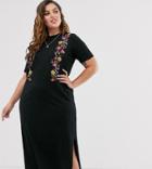 Asos Design Curve Printed Floral Midi T Shirt Dress-black