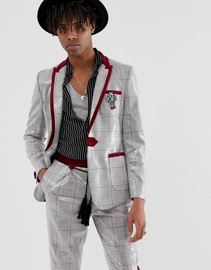 Asos Edition Skinny Suit Jacket In Gray Sequin Check With Removable Robot Badge - Brown