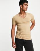 Asos Design Organic Muscle Fit T-shirt With Deep V Neck In Beige-neutral