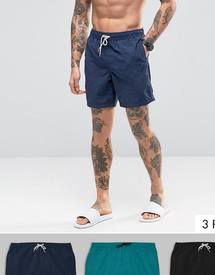 Asos Swim Shorts 3 Pack In Black Navy & Teal Mid Length Save - Multi
