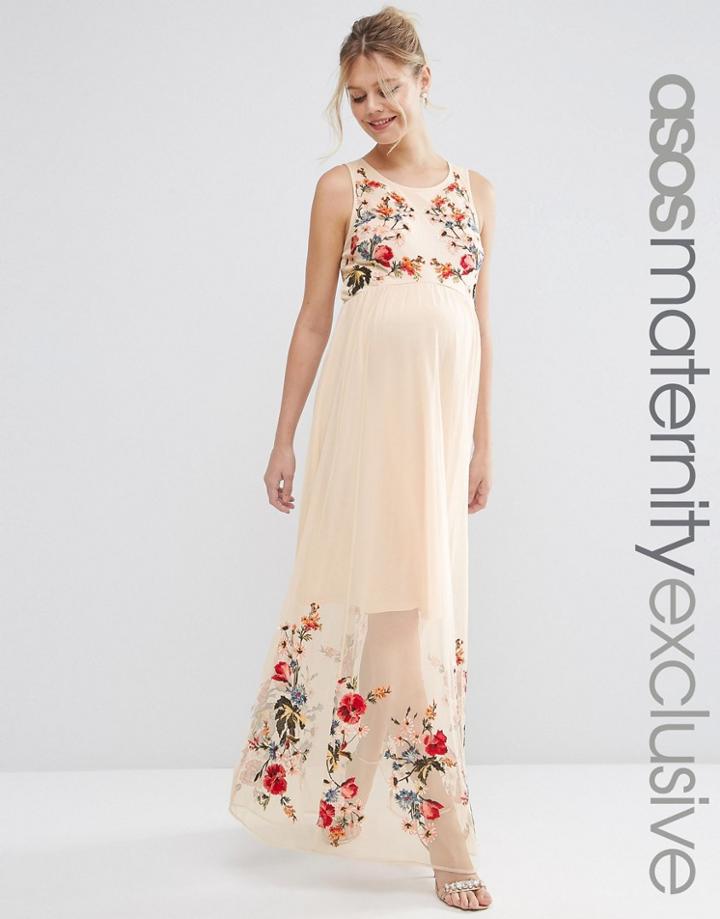 Asos Maternity Salon Mesh Maxi Dress With Embroidery - Cream