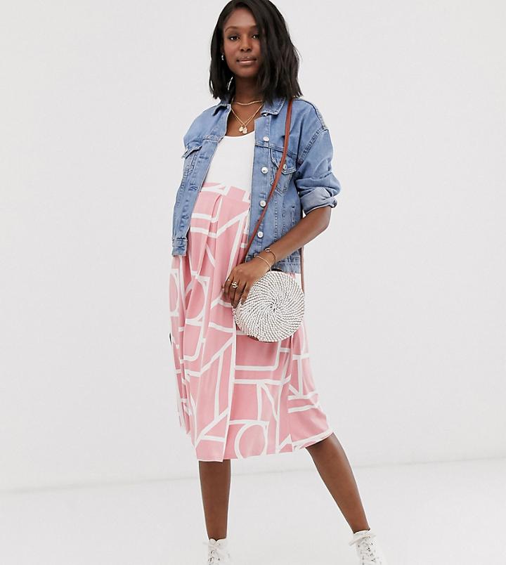 Asos Design Maternity Box Pleat Midi Skirt In Abstract Print - Pink