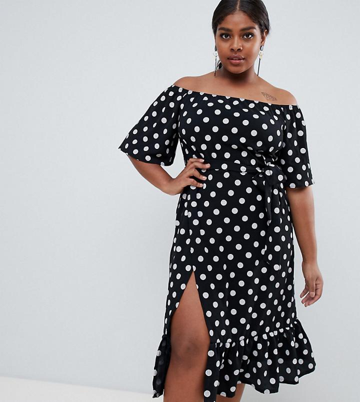 Boohoo Plus Bardot Ruffle Hem Midi Dress In Polka - Black