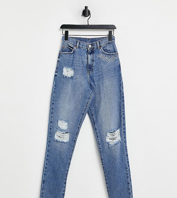 Dr Denim Tall Nora Straight Jeans With Knee Rips In Blue-blues