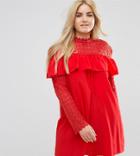 Club L Plus Crochet High Neck Detailed Dress With Long Sleeves. - Red