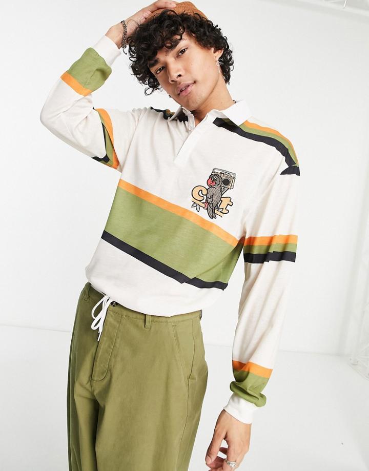 Crooked Tongues Striped Rugby Polo With Ct Parrot Print In Multi