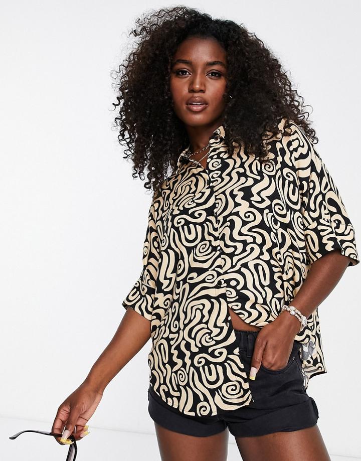 Monki Short Sleeved Printed Shirt In Black - Black