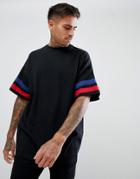 Asos Design Oversized T-shirt With Contrast Sleeve Panels In Black - Black