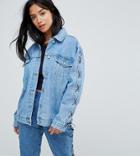 Chorus Petite Lace Up Sleeves Oversized Denim Jacket - Blue