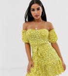 Prettylittlething Petite Bardot Dress In Yellow Ditsy - Yellow