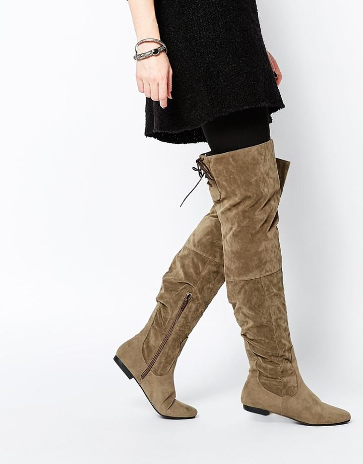 Daisy Street Khaki Over The Knee Tie Back Flat Boots - Khaki