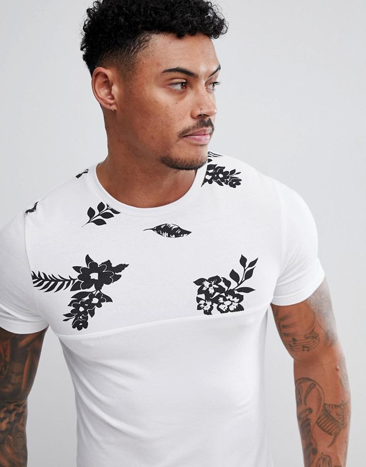 Asos Design Muscle T-shirt With Floral Yoke Print - White