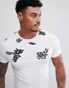 Asos Design Muscle T-shirt With Floral Yoke Print - White