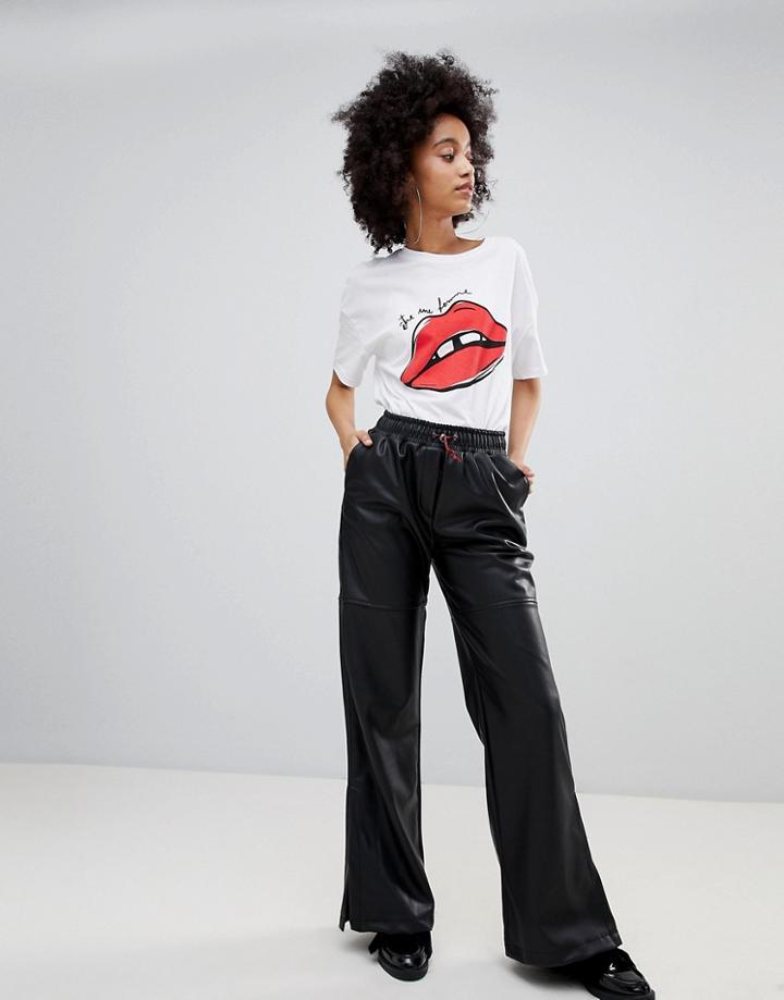 Bershka Leather Look Wide Leg Pants - Black