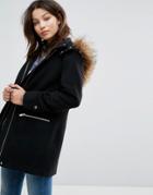 New Look Faux Fur Trim Duffle Coat - Black