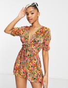 Asos Design Plisse Smock Puff Sleeve Romper In Green Floral Print-multi