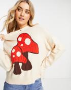 Stradivarius Mushroom Graphic Sweater In Cream-white