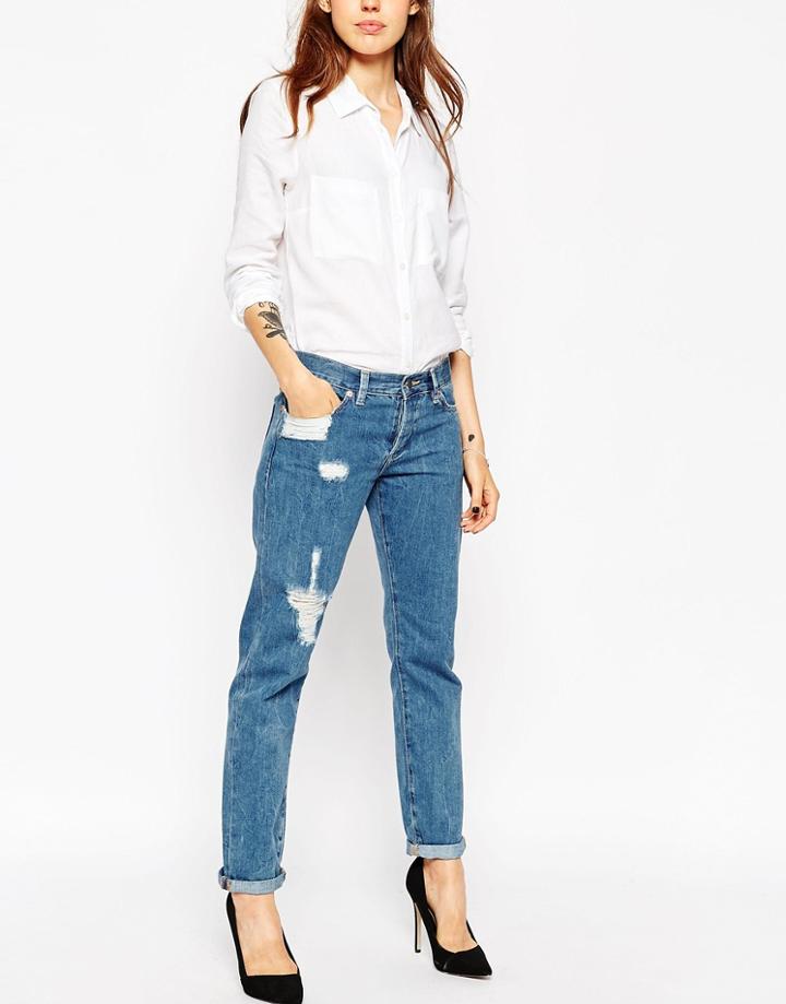 Asos Brady Boyfriend Jeans In Cypress Midwash With Rips - Mid Stone Wash