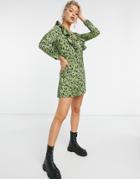 Naanaa Plunge Ruffle Detail Long Sleeve Dress In Green Leopard