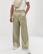 Asos Design Wide Leg Smart Pants In Olive High Shine Satin - Green
