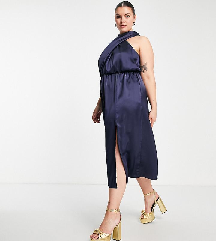Asos Design Curve Midi Dress With Cross Front Tie Neck In Satin-blue