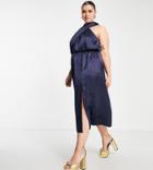 Asos Design Curve Midi Dress With Cross Front Tie Neck In Satin-blue