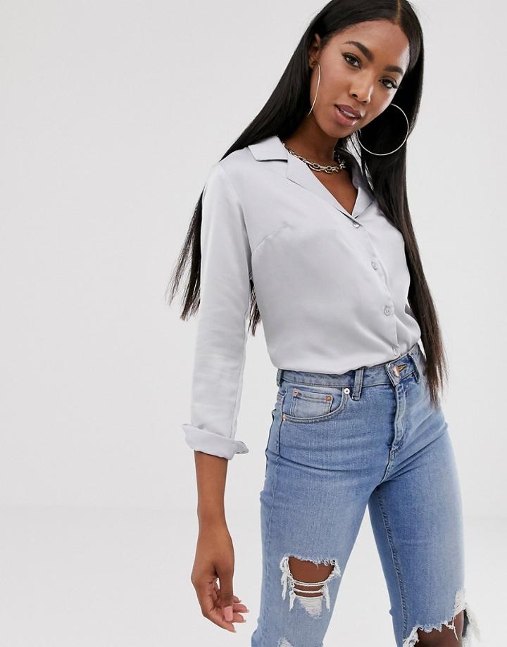 Asos Design Relaxed Satin Long Sleeve Shirt-silver