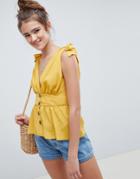 Asos Design Button Front Sun Top With Tie Shoulder Detail In Ochre - Purple