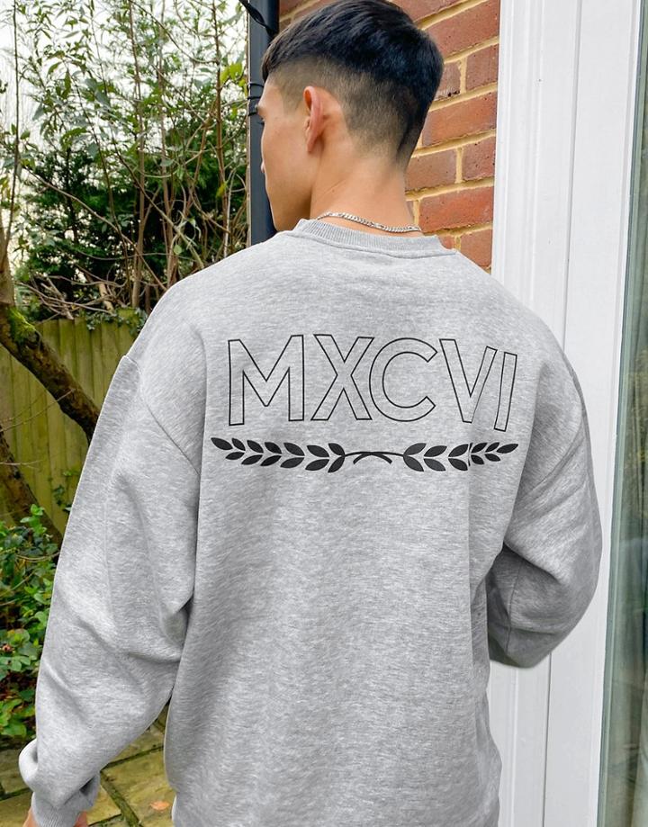 Asos Design Oversized Sweatshirt With Roman Numerals Back Print-grey