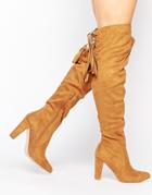 Missguided Heeled Over The Knee Boot With Lace Up Back - Tan