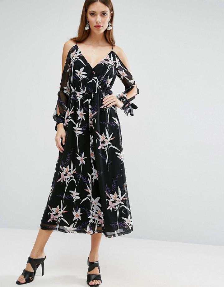 Asos Jumpsuit With Cold Shoulder In Dark Floral Print - Multi