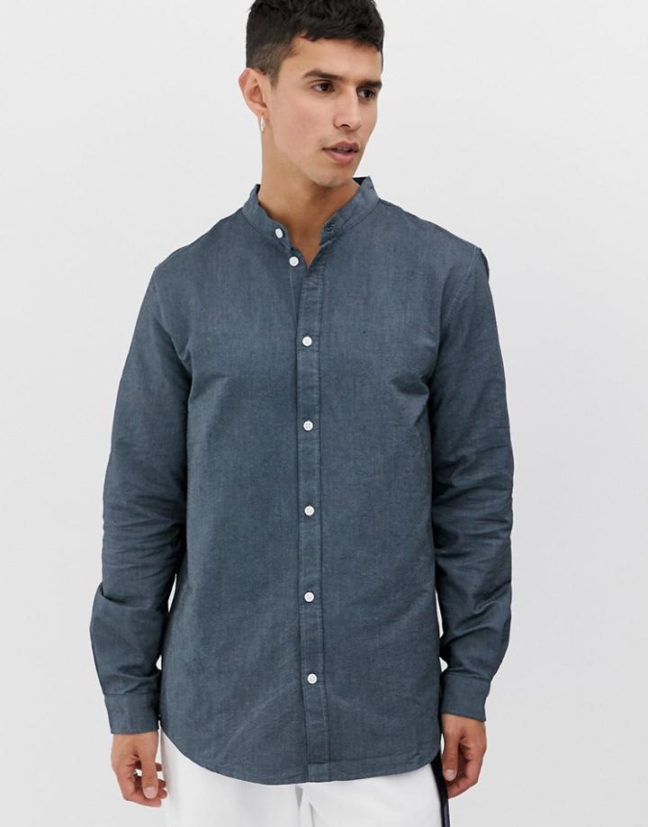 Weekday Haring Shirt With Grandad Collar In Blue - Blue