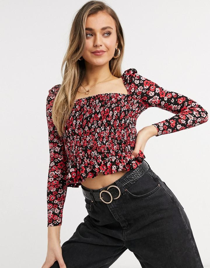 Miss Selfridge Shirred Peplum Top In Floral-multi
