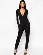 Asos Wrap Front Jersey Jumpsuit With Long Sleeves - Black