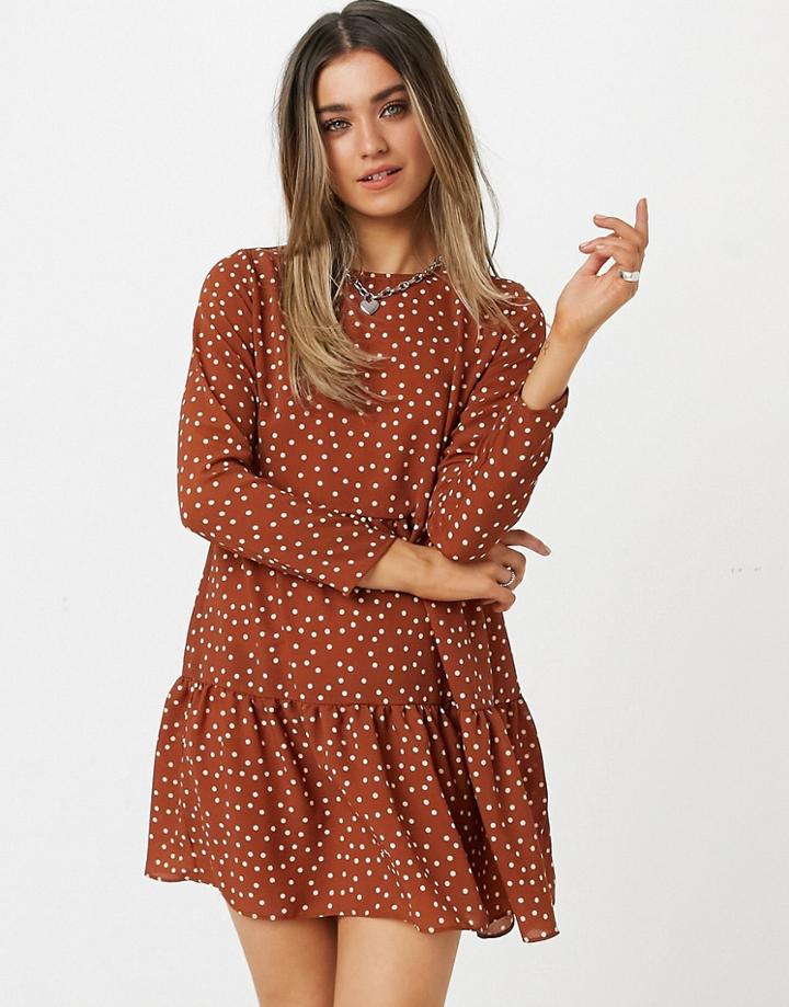 Asos Design Long Sleeve Tiered Smock Mini Dress In Spot-multi
