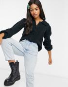 Asos Design Fluffy Collared Sweater With Placket Detail In Navy-green