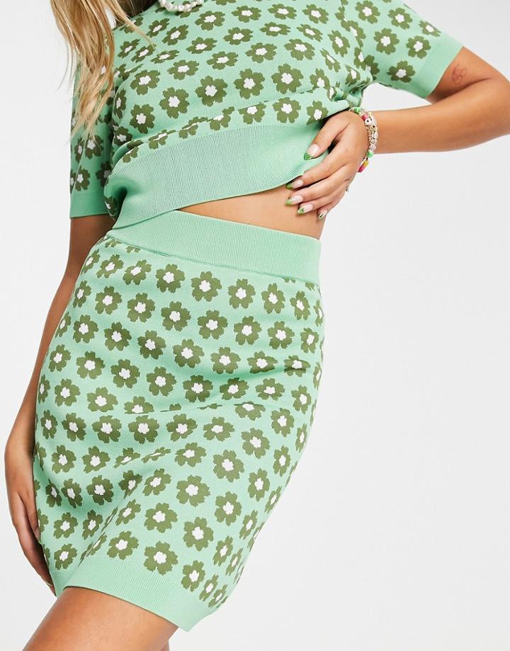 Urban Revivo Knit Skirt In Green Floral - Part Of A Set