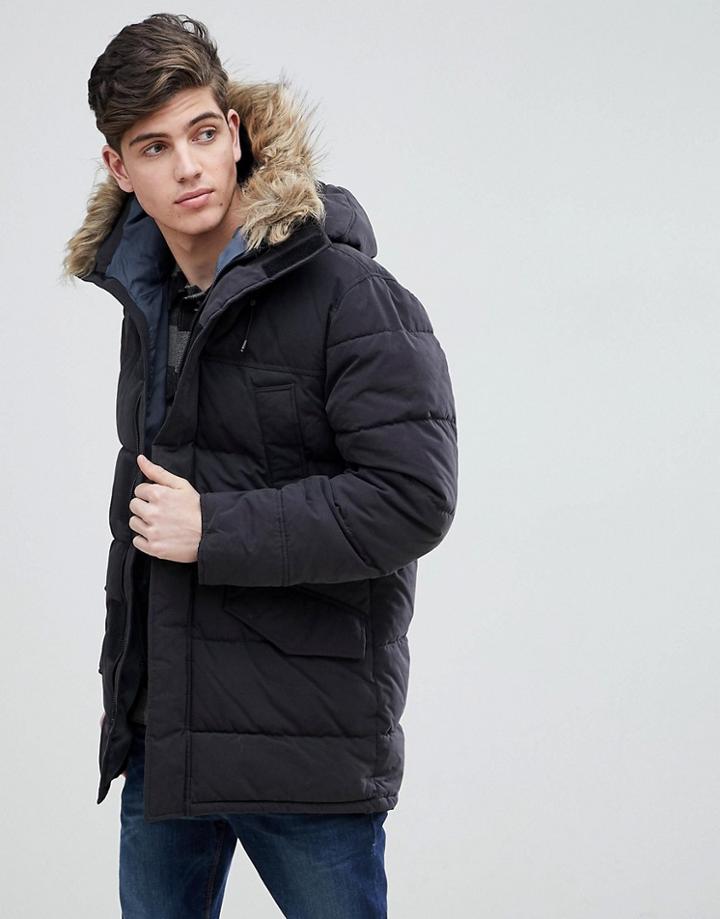 Mango Man Parka With Faux Fur Hood In Black - Black