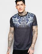 Asos T-shirt With Floral Yoke In Linen Look Fabric - Navy
