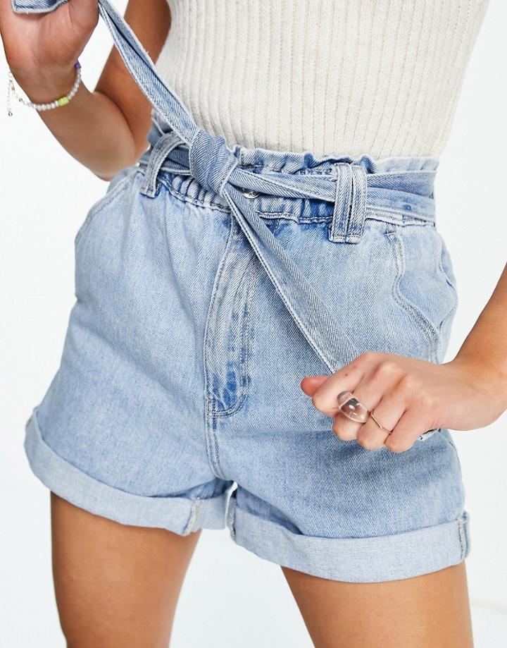 Stradivarius Paperbag Denim Short In Light Wash-blues