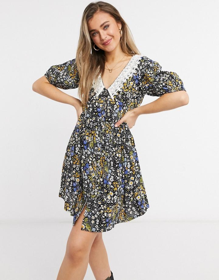 Asos Design Button Through Mini Smock Dress With Crochet Peter Pan Collar In Micro-floral Print-multi