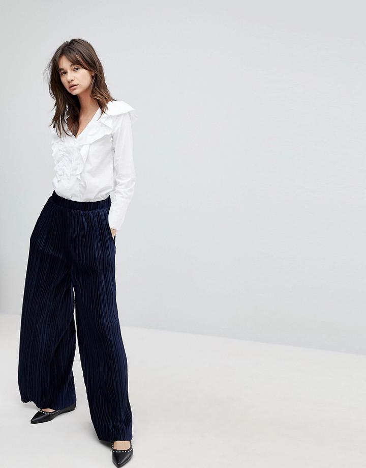 J.o.a High Waist Wide Leg Pants In Pleated Velvet - Navy