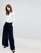 J.o.a High Waist Wide Leg Pants In Pleated Velvet - Navy