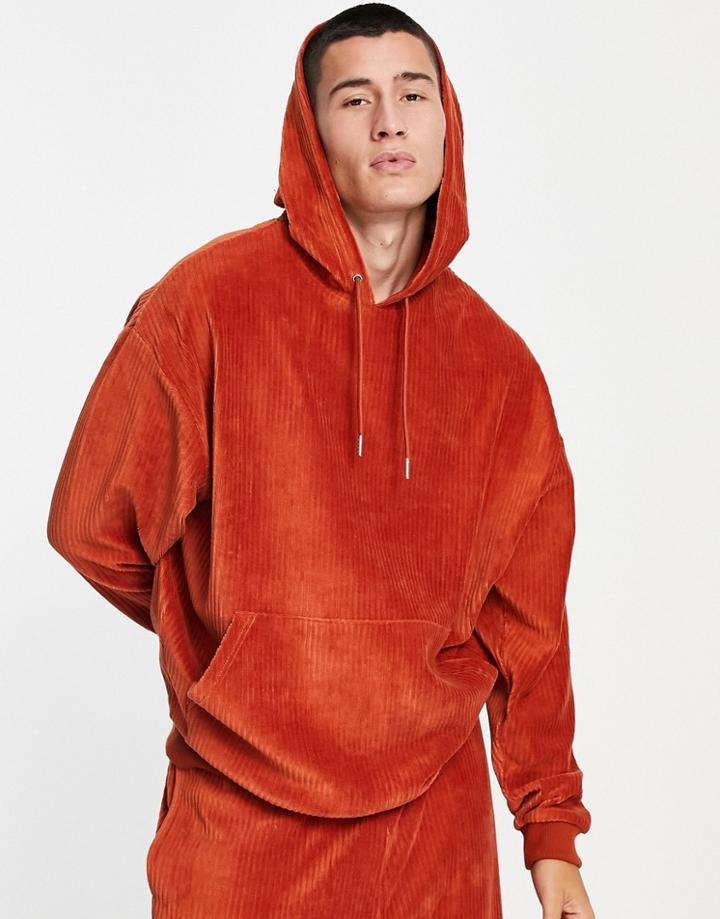 Asos Design Set Oversized Hoodie In Ribbed Velour Tobacco Brown