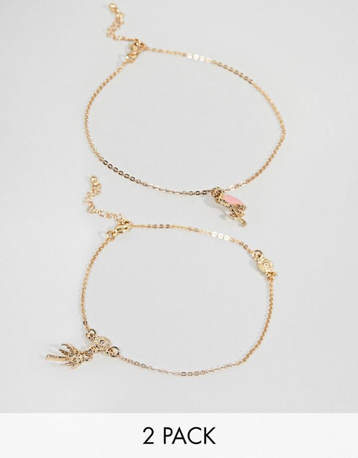 Asos Design Pack Of 2 Palm Tree & Flamingo Anklets - Gold