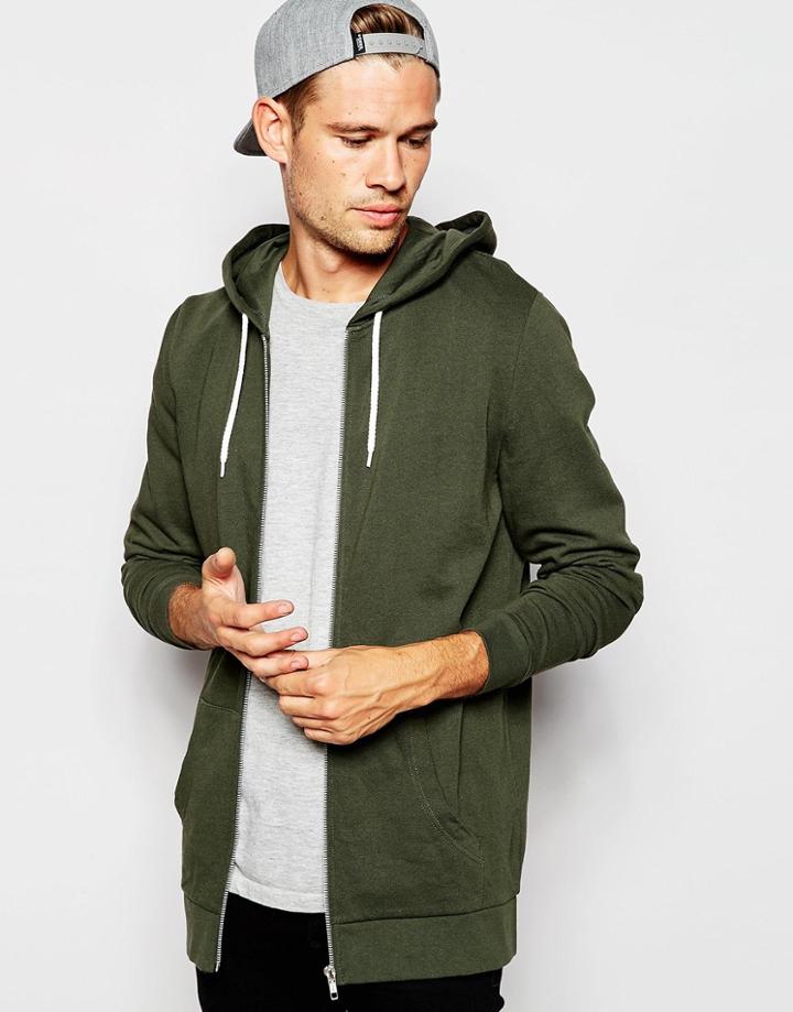 Asos Longline Zip Up Hoodie In Green - Green