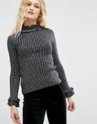 Asos Sweater In Metallic Rib With Ruffles - Black
